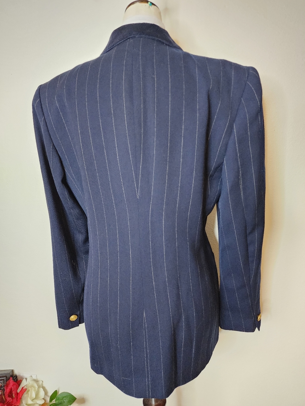 Jones New York Blazer Dsrk Blue Pinstripe Tailored Tuxedo Military Jacket Office - Picture 7 of 16